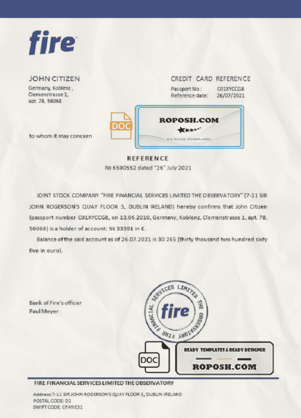 Germany Fire bank account balance reference letter template in Word and PDF format