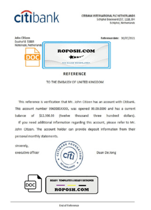 Netherlands Citibank account balance certificate template in Word and PDF format