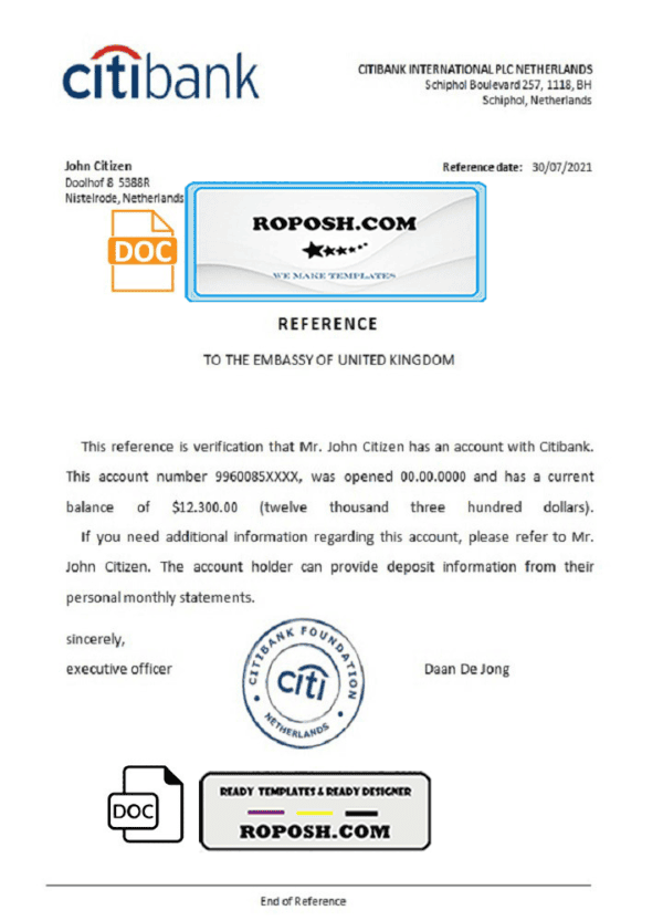 Netherlands Citibank account balance certificate template in Word and PDF format