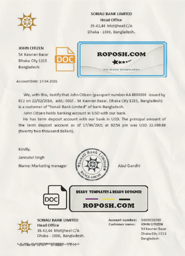 Bangladesh Sonali Bank bank account reference letter template in Word and PDF format