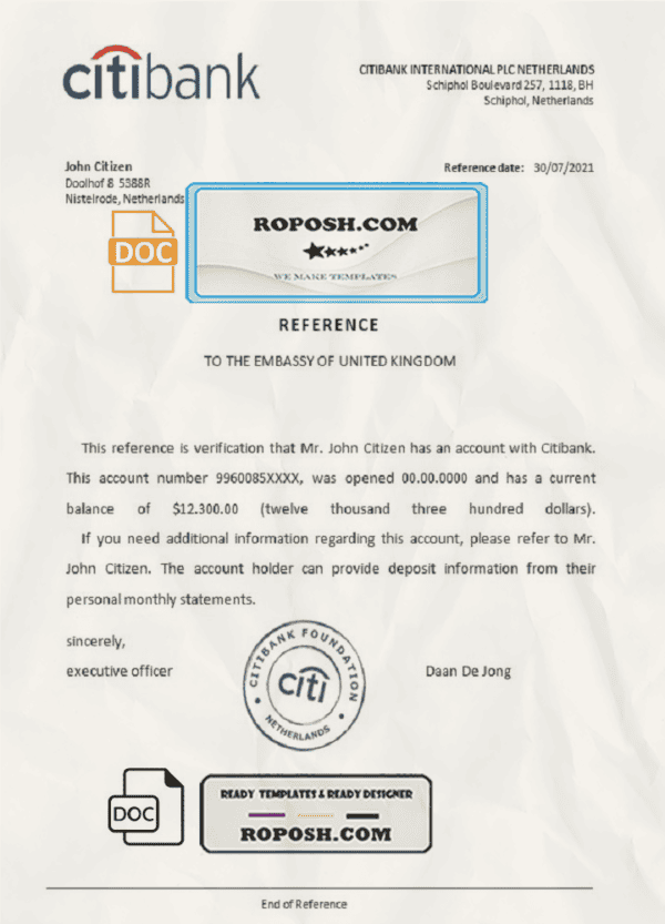 Netherlands Citibank account balance certificate template in Word and PDF format
