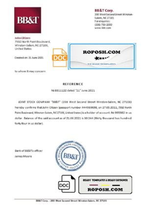 USA BB&T bank account reference letter template in Word and PDF format