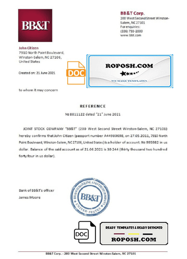 USA BB&T bank account reference letter template in Word and PDF format