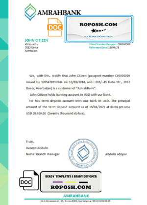 Azerbaijan Amrahbank bank reference letter template in Word and PDF format