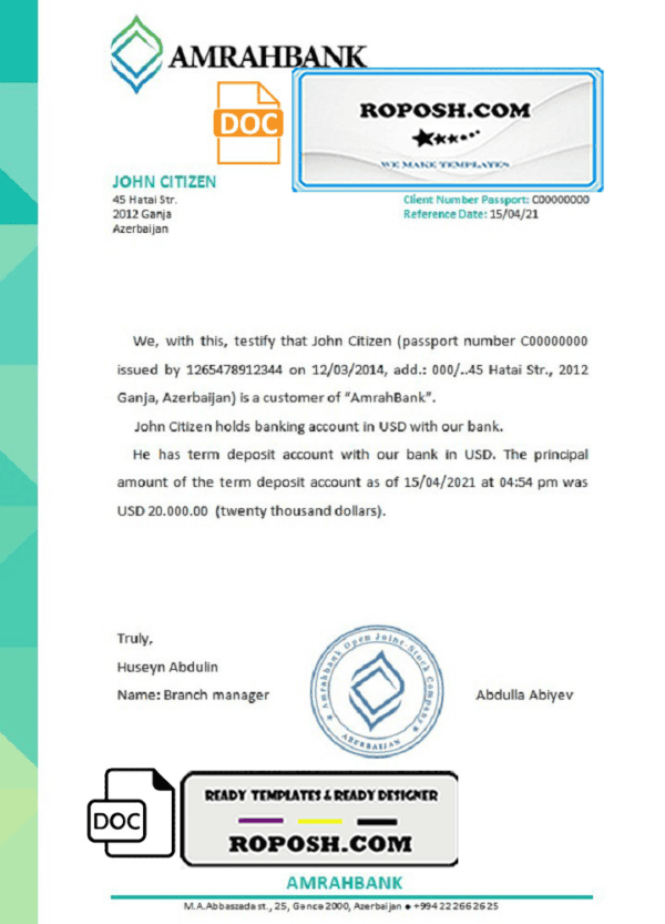 Azerbaijan Amrahbank bank reference letter template in Word and PDF format