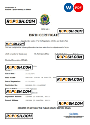 Brazil vital record birth certificate Word and PDF template, completely editable