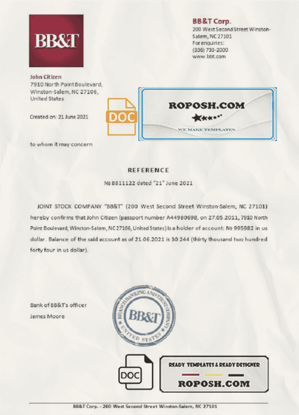 USA BB&T bank account reference letter template in Word and PDF format