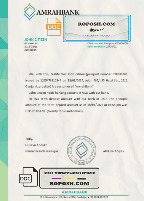 Azerbaijan Amrahbank bank reference letter template in Word and PDF format