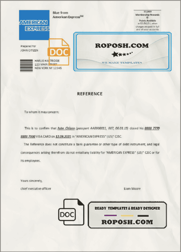 USA American Express bank account closure reference letter template in Word and PDF format