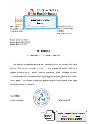 Oman Bank Muscat bank account reference letter template in Word and PDF format