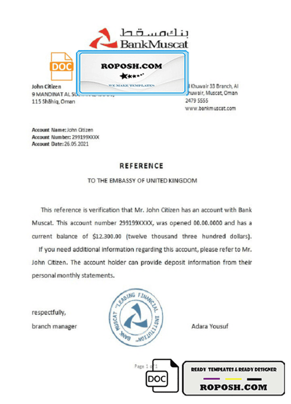 Oman Bank Muscat bank account reference letter template in Word and PDF format