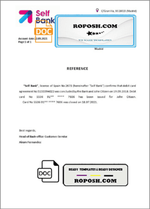 Spain Self Bank bank account closure reference letter template in Word and PDF format