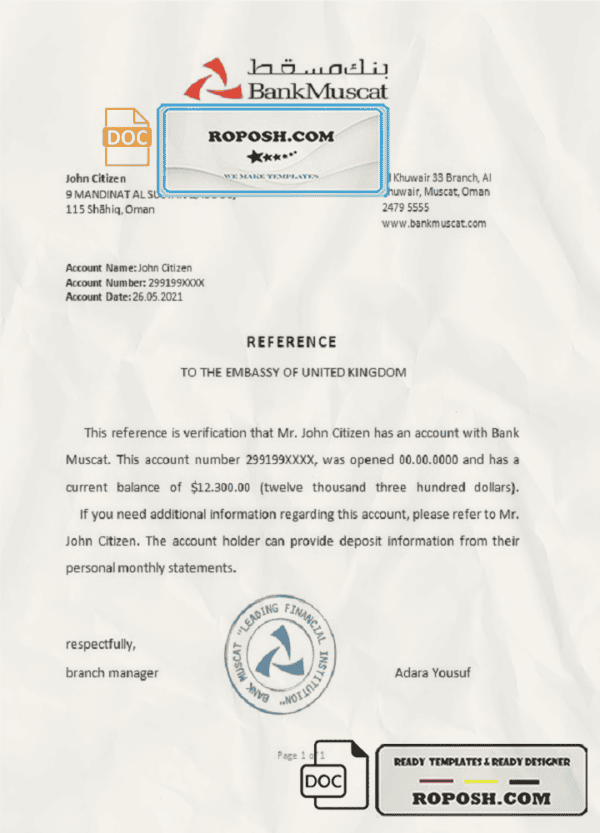 Oman Bank Muscat bank account reference letter template in Word and PDF format