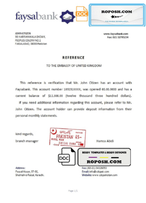 Pakistan Faysalbank bank account reference letter template in Word and PDF format