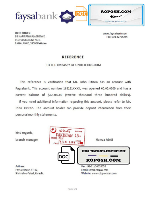 Pakistan Faysalbank bank account reference letter template in Word and PDF format