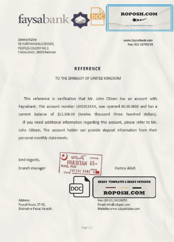Pakistan Faysalbank bank account reference letter template in Word and PDF format