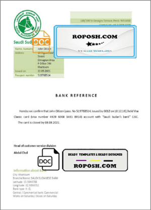 Sudan Saudi Sudan’s Bank bank account closure reference letter template in Word and PDF format