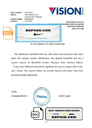 Paraguay Vision Banco bank account reference letter template in Word and PDF format
