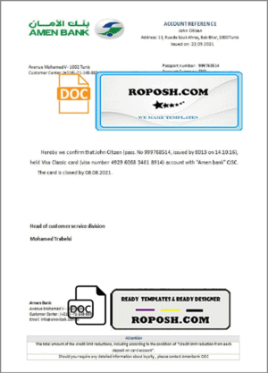 Tunisia Amen bank account closure reference letter template in Word and PDF format