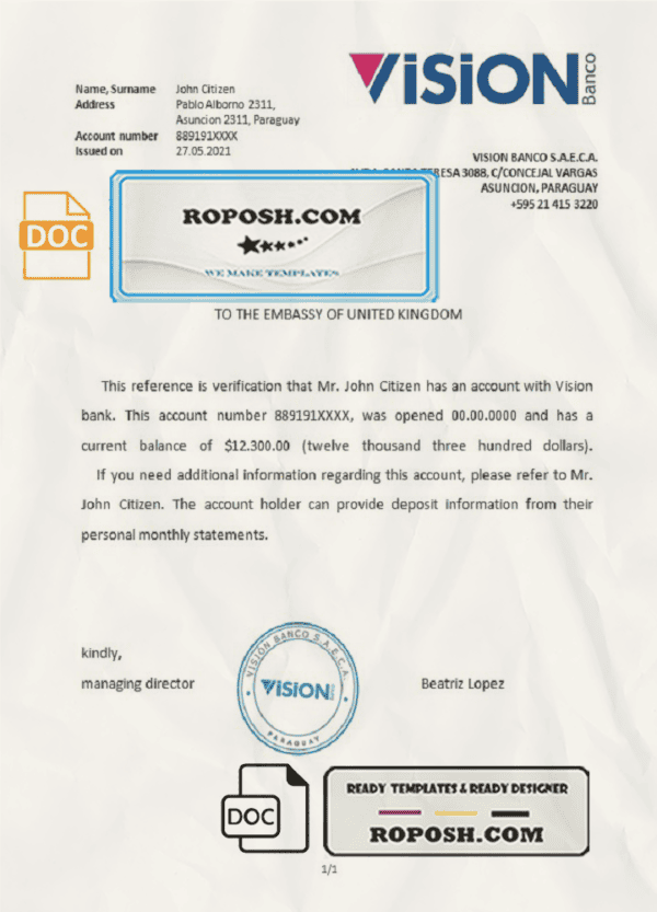 Paraguay Vision Banco bank account reference letter template in Word and PDF format