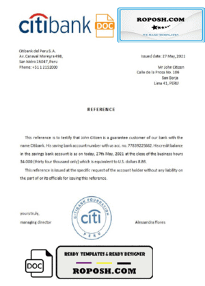 Peru Citibank bank account reference letter template in Word and PDF format