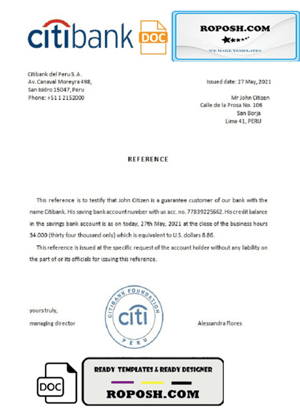 Peru Citibank bank account reference letter template in Word and PDF format