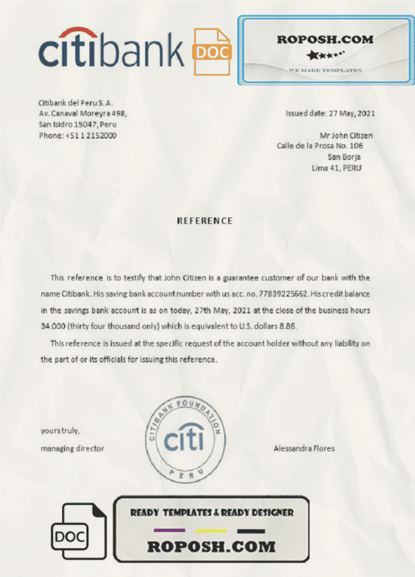 Peru Citibank bank account reference letter template in Word and PDF format