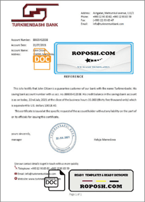 Turkmenistan Turkmenbashi bank account balance reference letter template in Word and PDF format