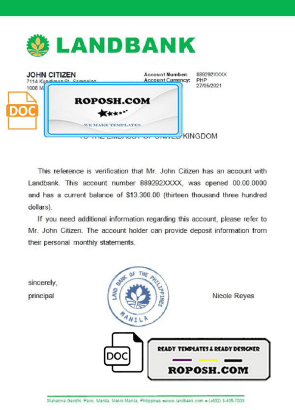 Philippines Landbank bank reference letter template in Word and PDF format