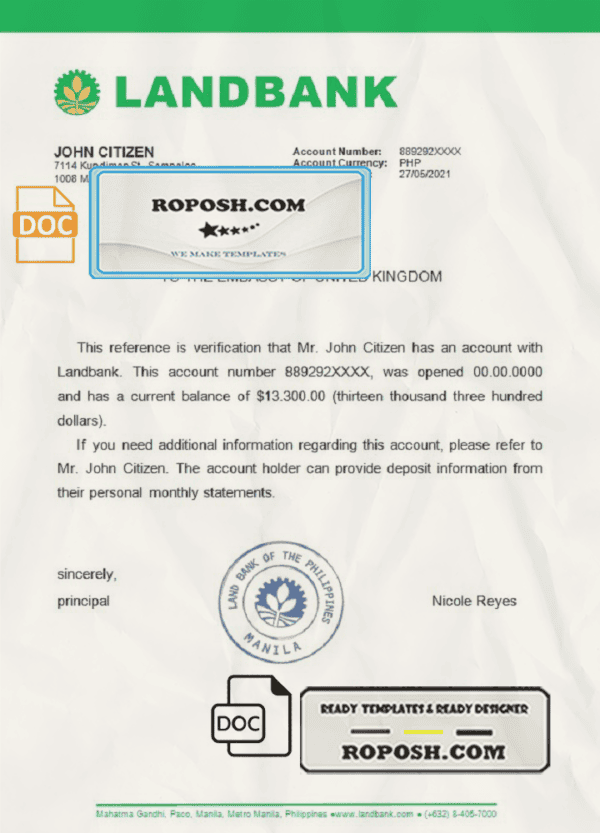 Philippines Landbank bank reference letter template in Word and PDF format