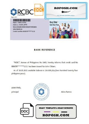 Philippines RCBC bank reference letter template in Word and PDF format
