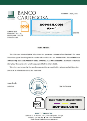 Portugal Banco Carregosa bank account reference letter template in Word and PDF format