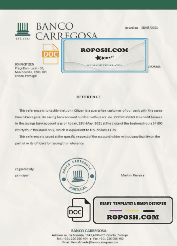 Portugal Banco Carregosa bank account reference letter template in Word and PDF format