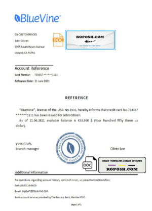 USA BlueVine bank account reference letter template in Word and PDF format