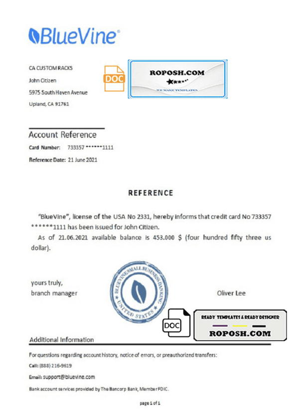 USA BlueVine bank account reference letter template in Word and PDF format