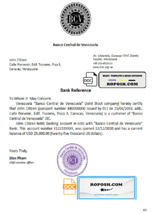 Venezuela Banco Central de Venezuela bank reference letter template in Word and PDF format