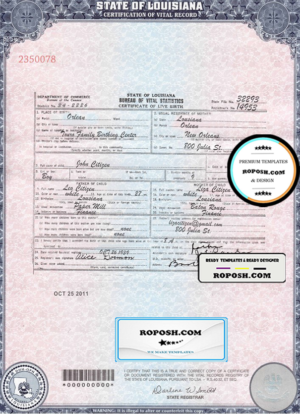USA Louisiana state birth certificate template in PSD format, fully editable