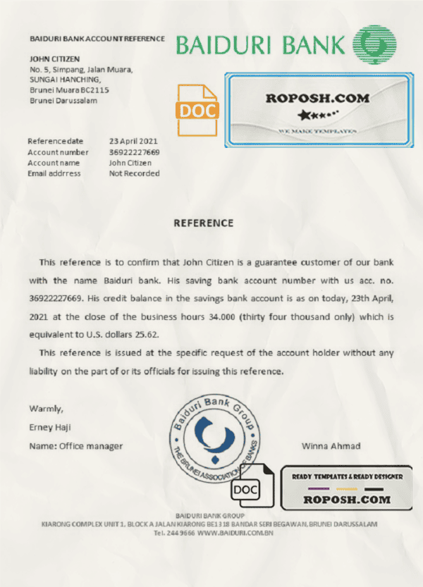 Brunei Baiduri bank account reference letter template in Word and PDF format