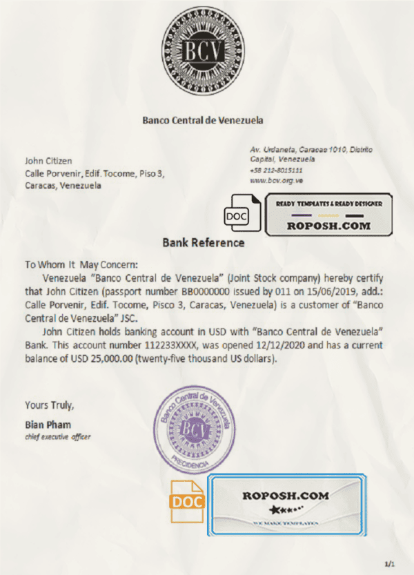 Venezuela Banco Central de Venezuela bank reference letter template in Word and PDF format