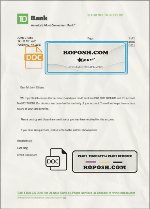 USA TD Bank bank account closure reference letter template in Word and PDF format