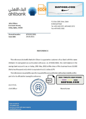Qatar Ahlibank bank account reference letter template in Word and PDF format