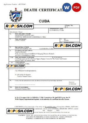 Cuba death certificate Word and PDF template, completely editable