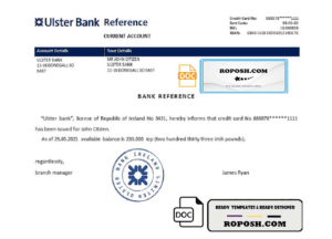 Ireland Ulster Bank bank account reference letter template in Word and PDF format