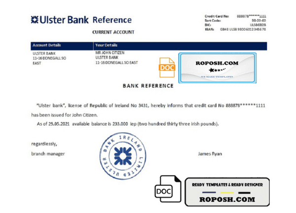 Ireland Ulster Bank bank account reference letter template in Word and PDF format