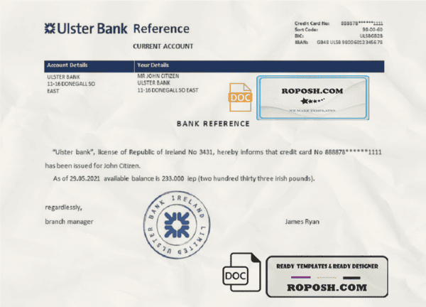 Ireland Ulster Bank bank account reference letter template in Word and PDF format