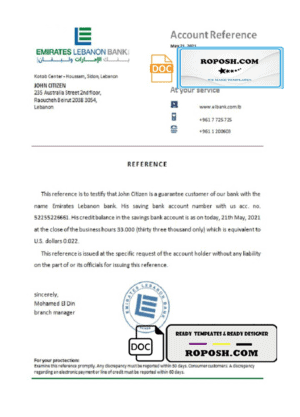 Lebanon Emirates Lebanon Bank bank account reference letter template in Word and PDF format