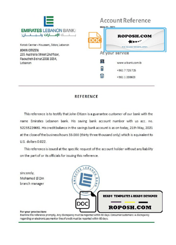 Lebanon Emirates Lebanon Bank bank account reference letter template in Word and PDF format
