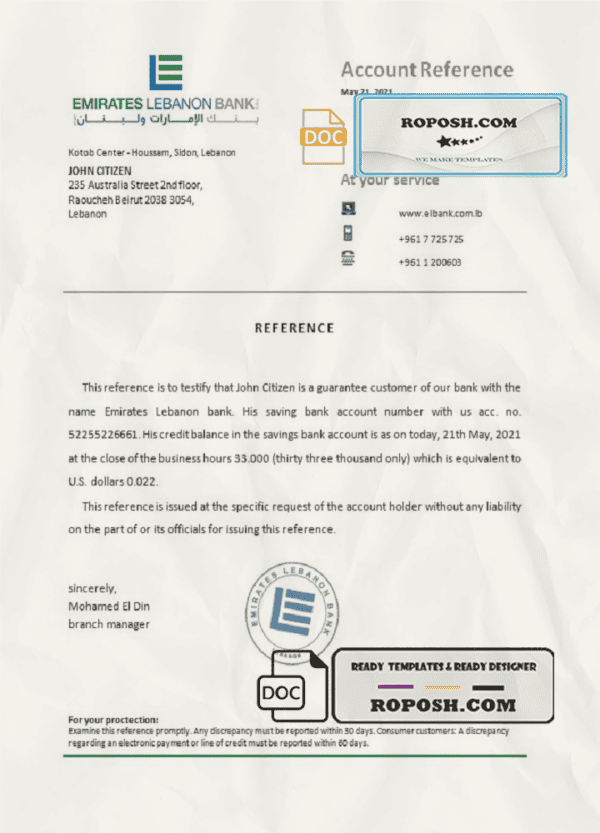 Lebanon Emirates Lebanon Bank bank account reference letter template in Word and PDF format