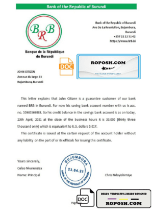 Burundi The Republic Bank of Burundi bank account reference letter template in Word and PDF format