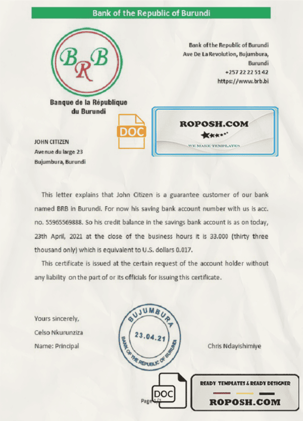 Burundi The Republic Bank of Burundi bank account reference letter template in Word and PDF format